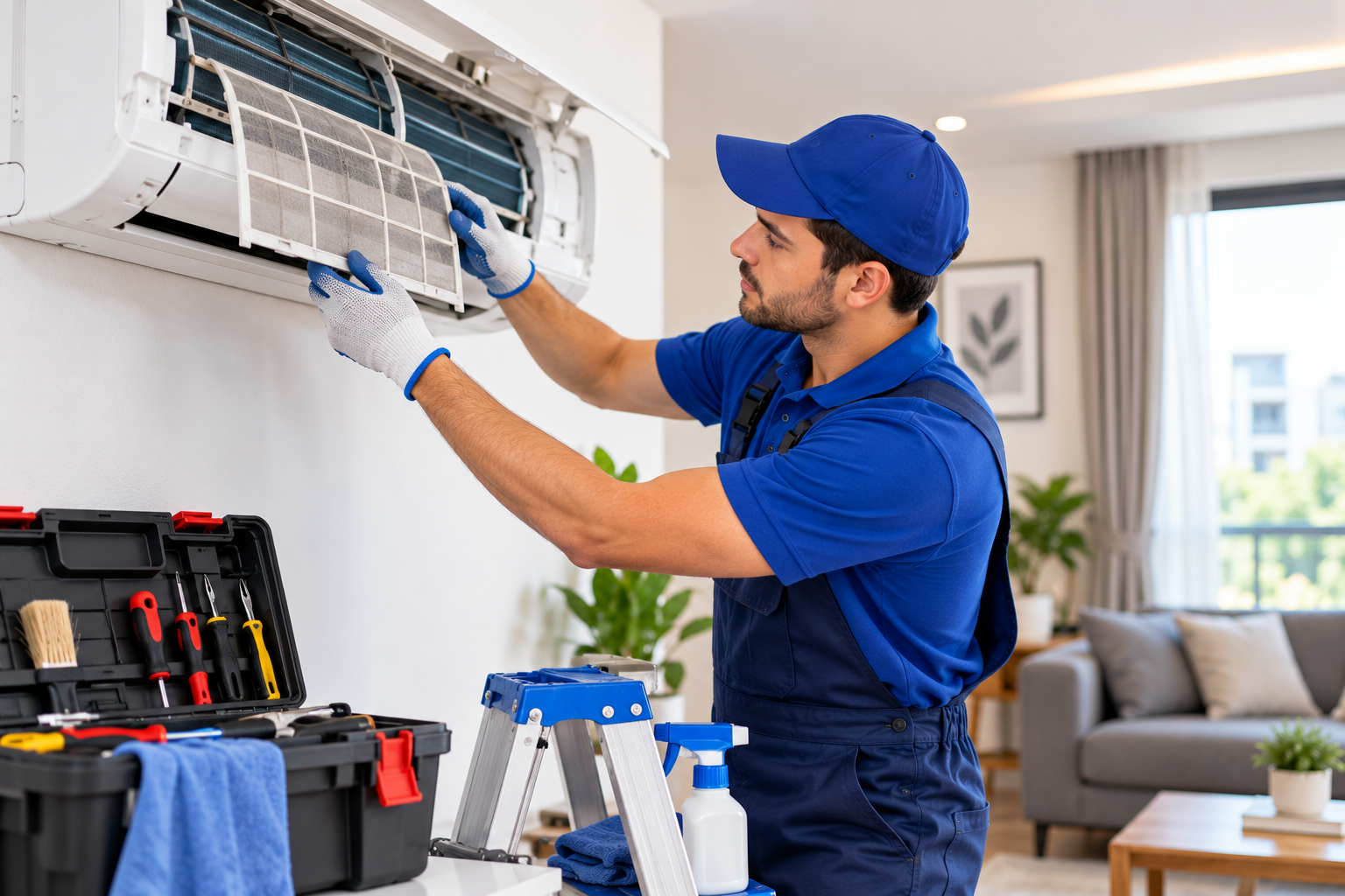 Technician servicing a wall mounted air conditioner