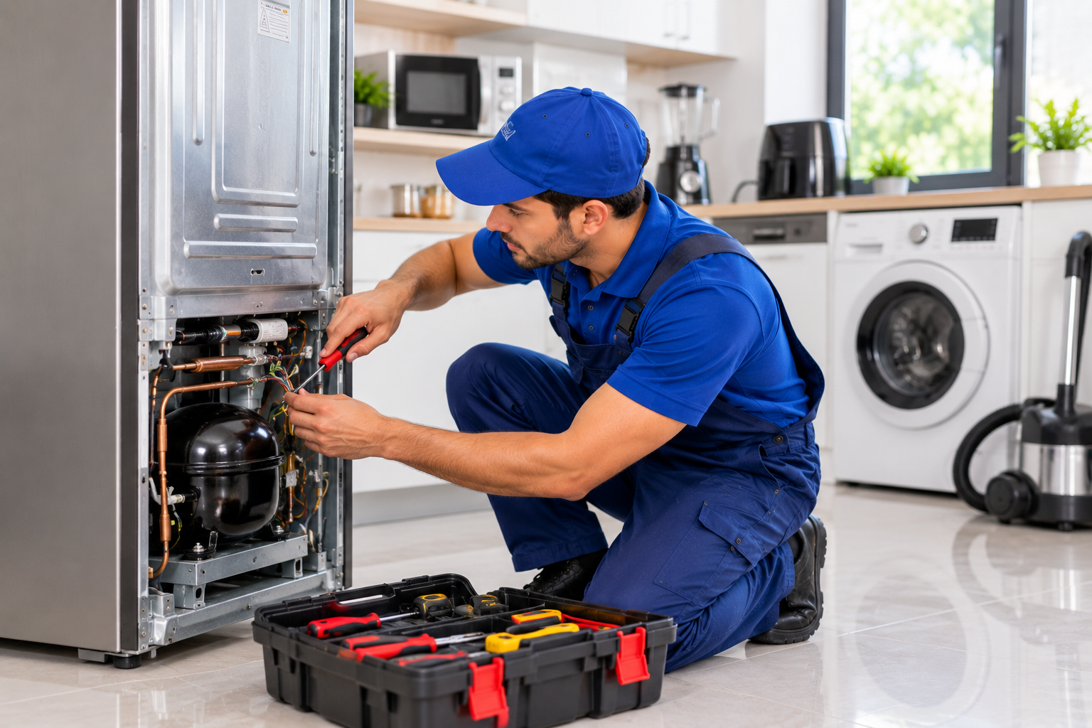 Technician repairing a home appliance at the customer doorstep