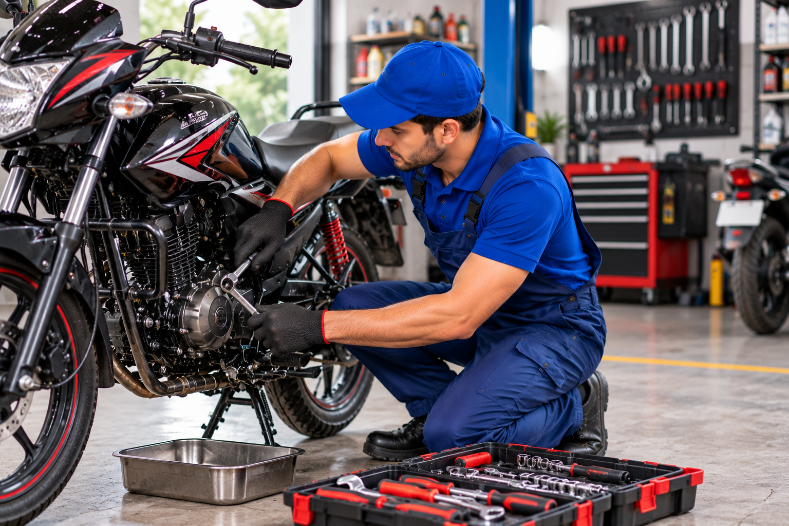 Mechanic repairing a two wheeler at the doorstep