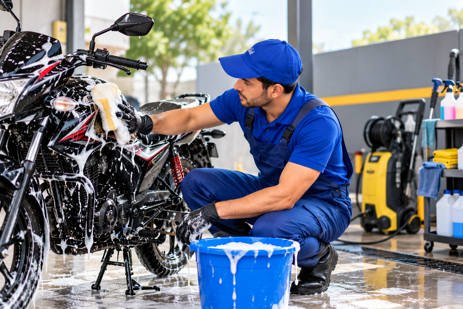 Professional doorstep bike wash for a two wheeler