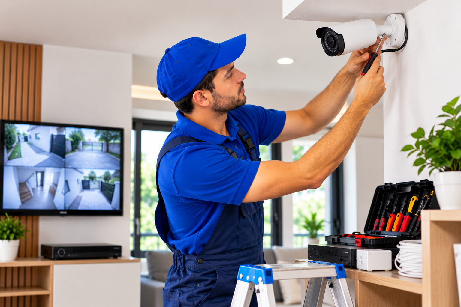 CCTV technician installing a security camera