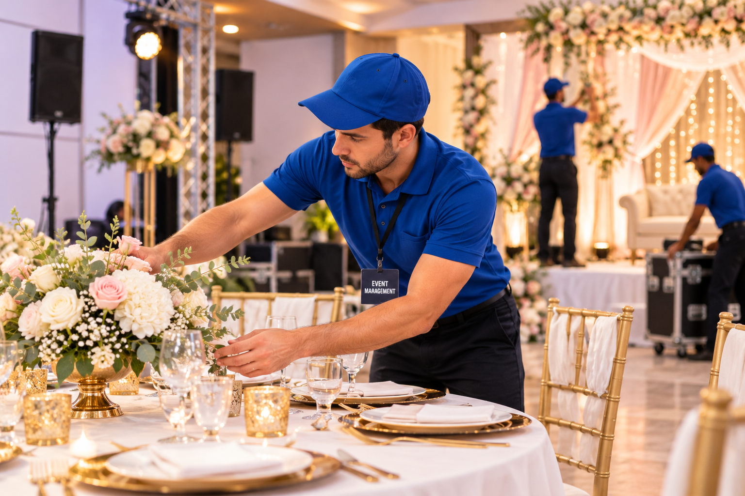 Event helpers preparing a decorated celebration venue