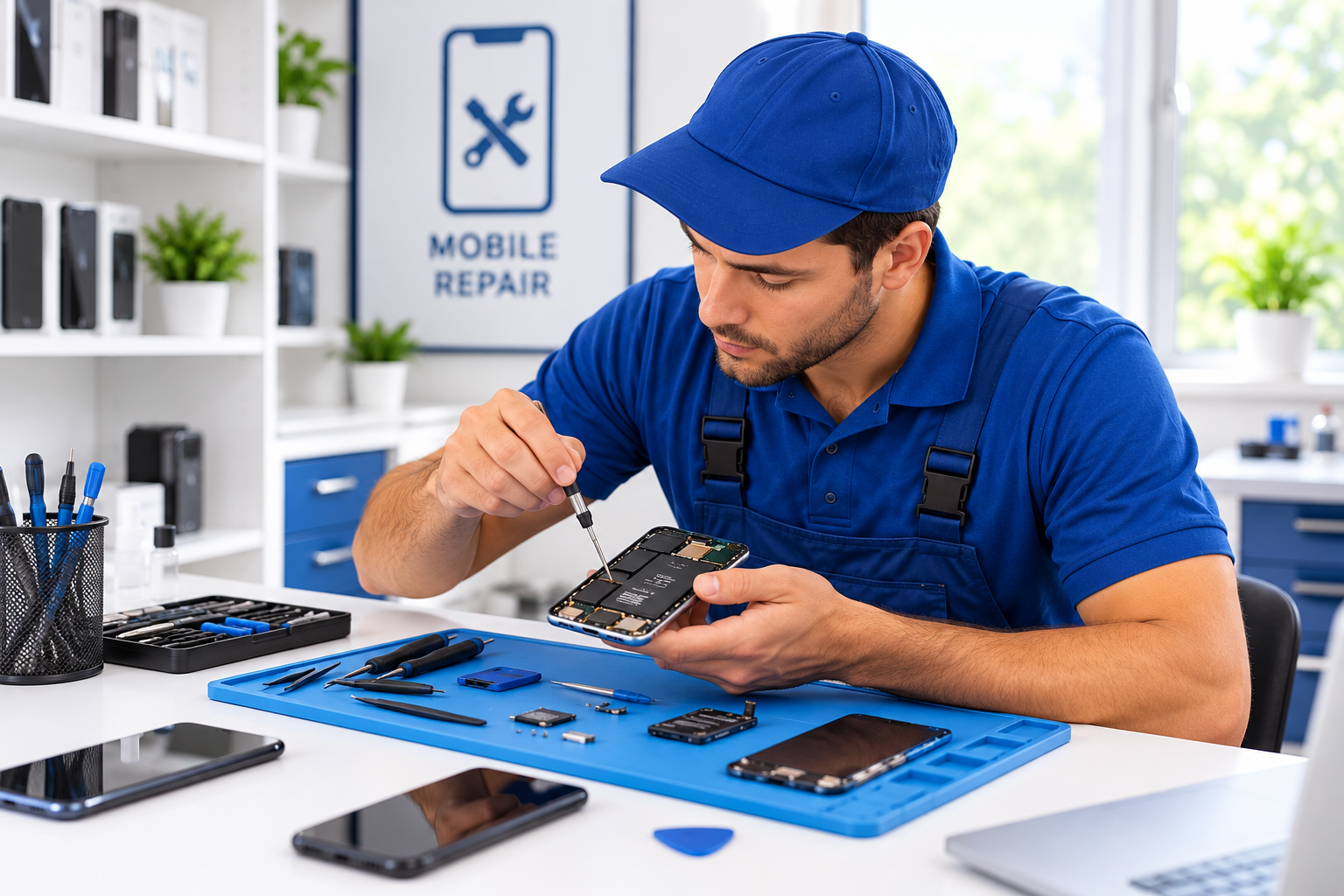 Professional technician repairing a smartphone