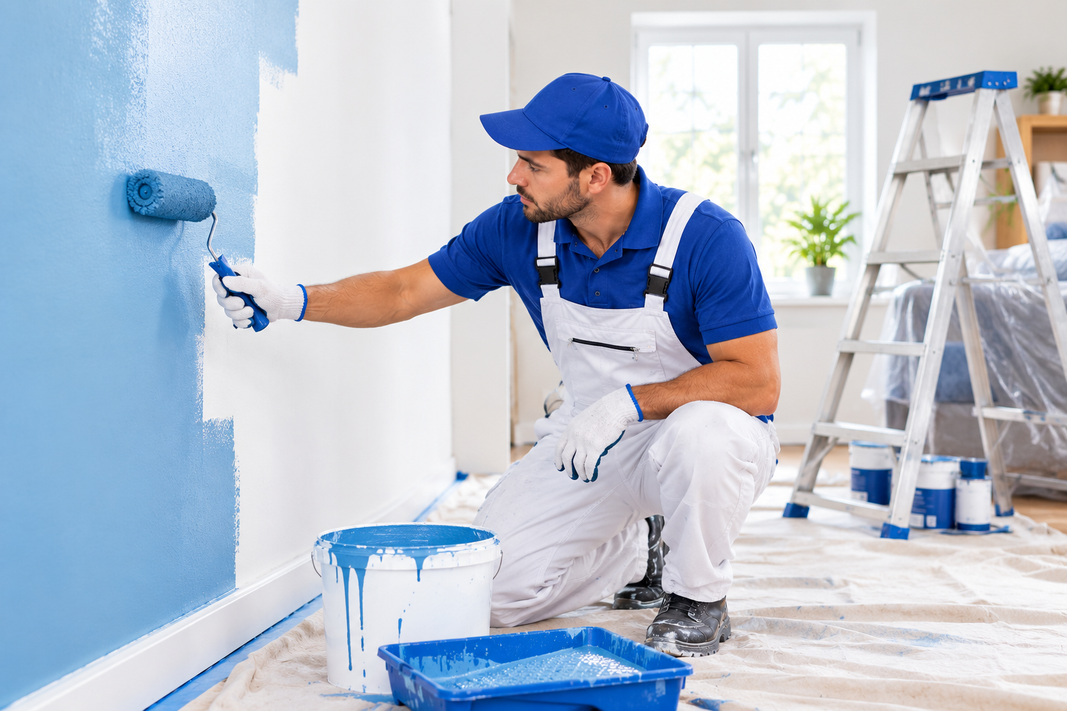 Professional painter applying fresh paint to a home wall