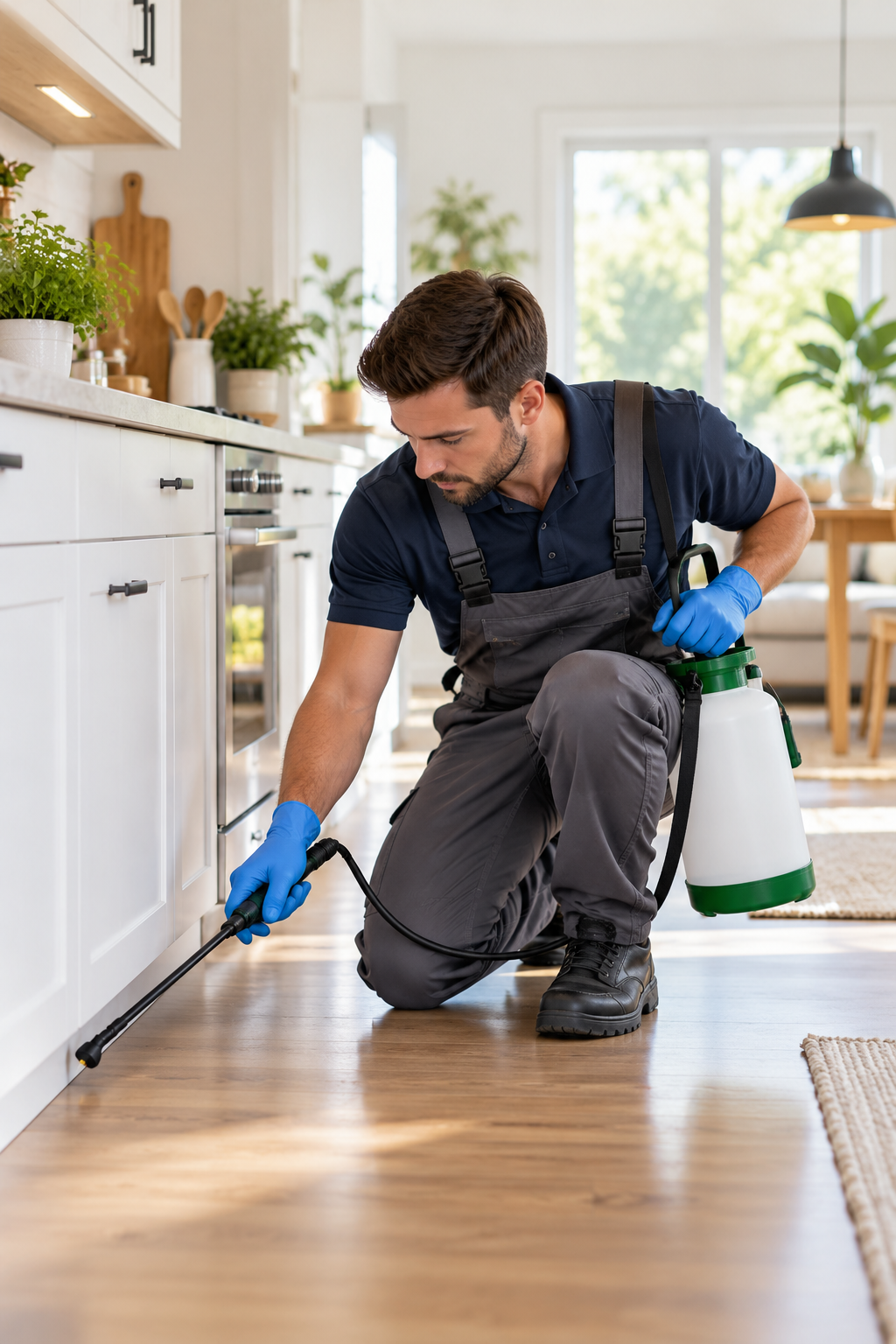 Pest control technician treating a clean home kitchen
