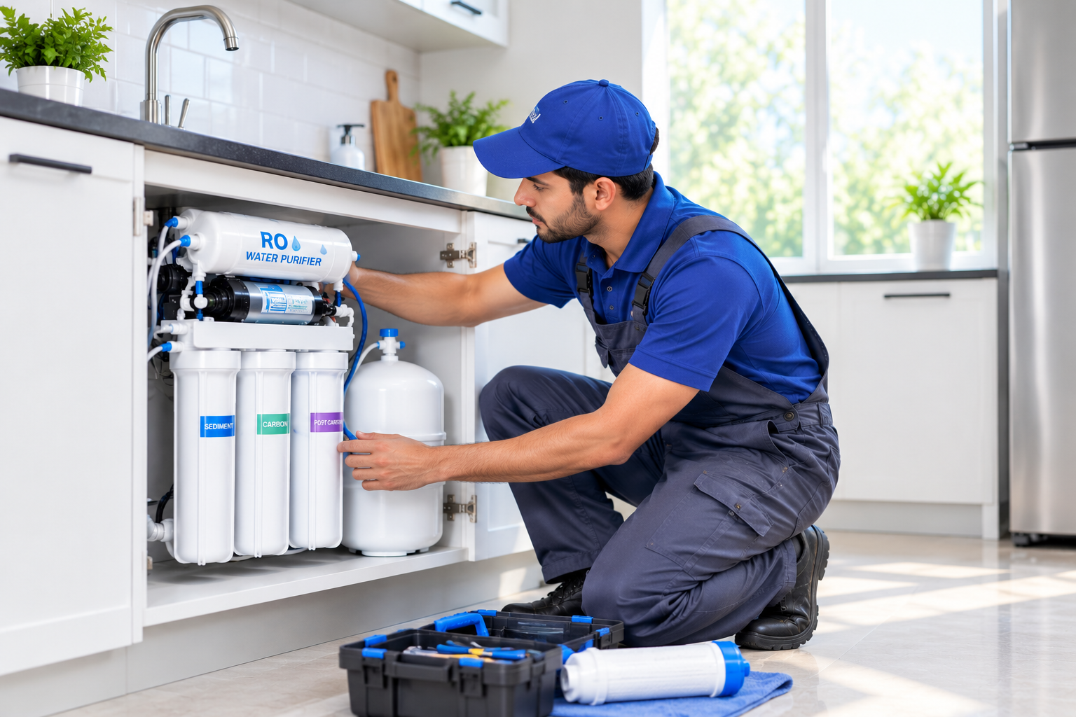 RO water purifier service technician checking a home unit